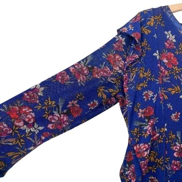 Free People Large Boho Floral 3/4 Sleeve Ruffle Shirt Blue Dock Street - Picture 3 of 9